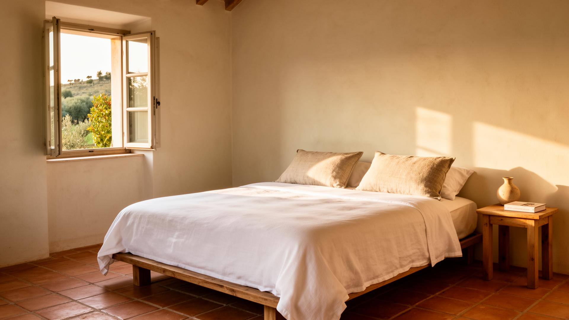 Bedroom at Finca Indigo with Portuguese linen and a window onto the hills